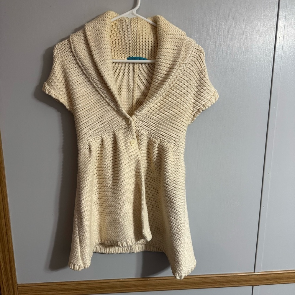 Alice + Olivia Chunky Knit Cream White Short Sleeve Cardigan Sweater in Small